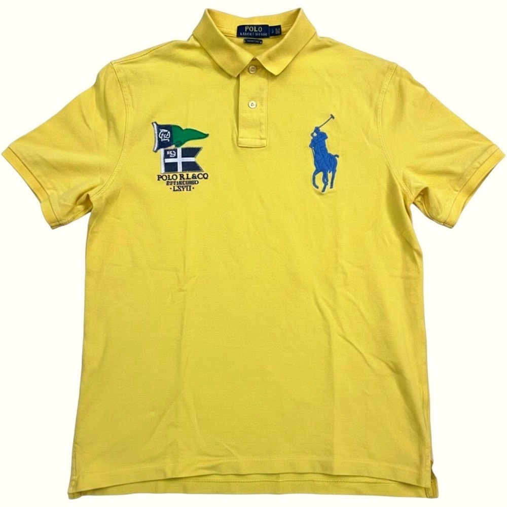 Polo Ralph Lauren Classic Fit Polo Mens L Yellow Big Pony Nautical Flag Preppy